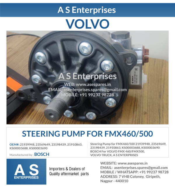 Steering Pump for FMX460/500 21939948, 23569649, 23198439, 21910863, KS00003688, KS00003690 BOSCH For VOLVO FMX 460/FMX500, VOLVO TRUCK, A S ENTERPRISES