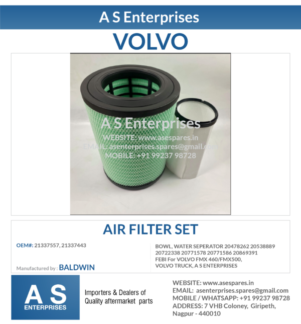 AIR FILTER SET 21337557, 21337443 BALDWIN For VOLVO FMX 460/FMX500, VOLVO TRUCK, A S ENTERPRISES