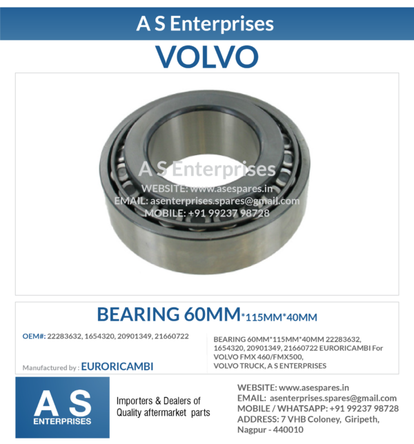 BEARING 60MM*115MM*40MM 22283632, 1654320, 20901349, 21660722 EURORICAMBI For VOLVO FMX 460/FMX500, VOLVO TRUCK, A S ENTERPRISES