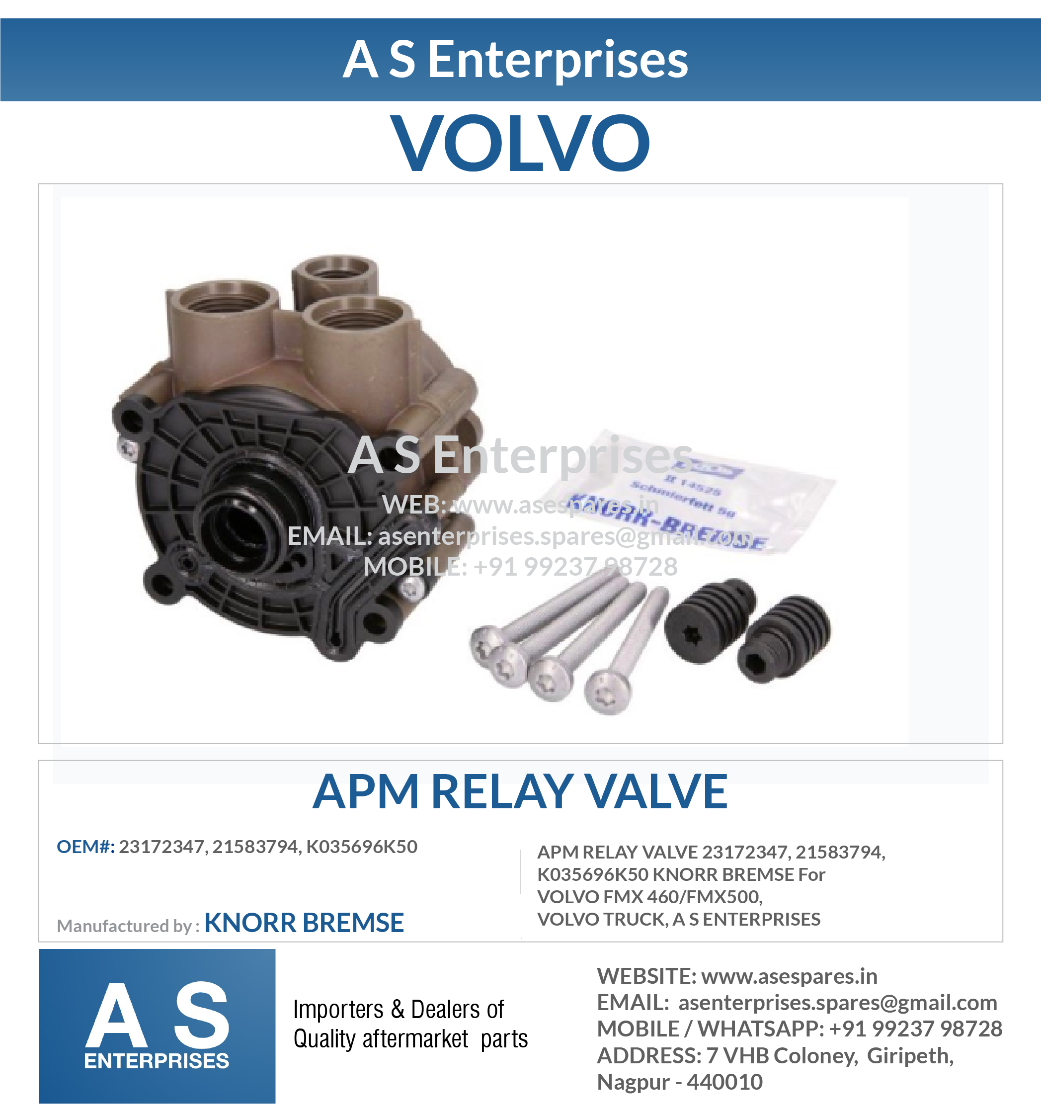 APM RELAY VALVE 23172347, 21583794, K035696K50 KNORR BREMSE For VOLVO FMX 460/FMX500, VOLVO TRUCK, A S ENTERPRISES