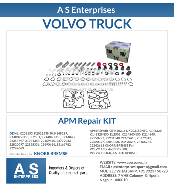 APM REPAIR KIT K202153, K202153N50, K148329, K148329N50, EL2501, K214840N50, K214840, 22358797, 21931348, 22169410, 23779943, 22820097, 22858336, 23690616, 23166782, 22242663 KNORR BREMSE For VOLVO FMX 460/FMX500, VOLVO TRUCK, A S ENTERPRISES