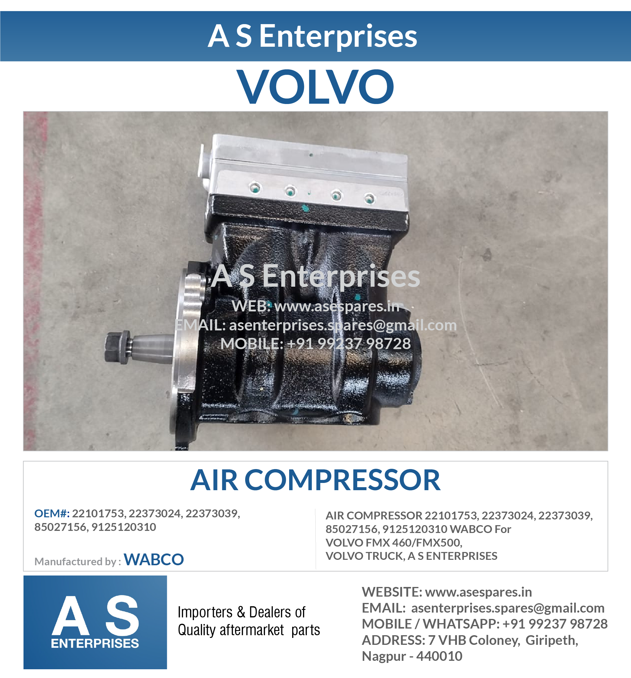 AIR COMPRESSOR 22101753, 22373024, 22373039, 85027156, 9125120310 WABCO For VOLVO FMX 460/FMX500, VOLVO TRUCK, A S ENTERPRISES