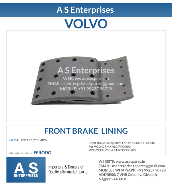 Front Brake Lining 3095177, 21534097 FERODO For VOLVO FMX 460/FMX500, VOLVO TRUCK, A S ENTERPRISES