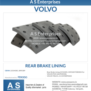 Rear Brake Lining 21534385, 3095189 FERODO For VOLVO FMX 460/FMX500, VOLVO TRUCK, A S ENTERPRISES