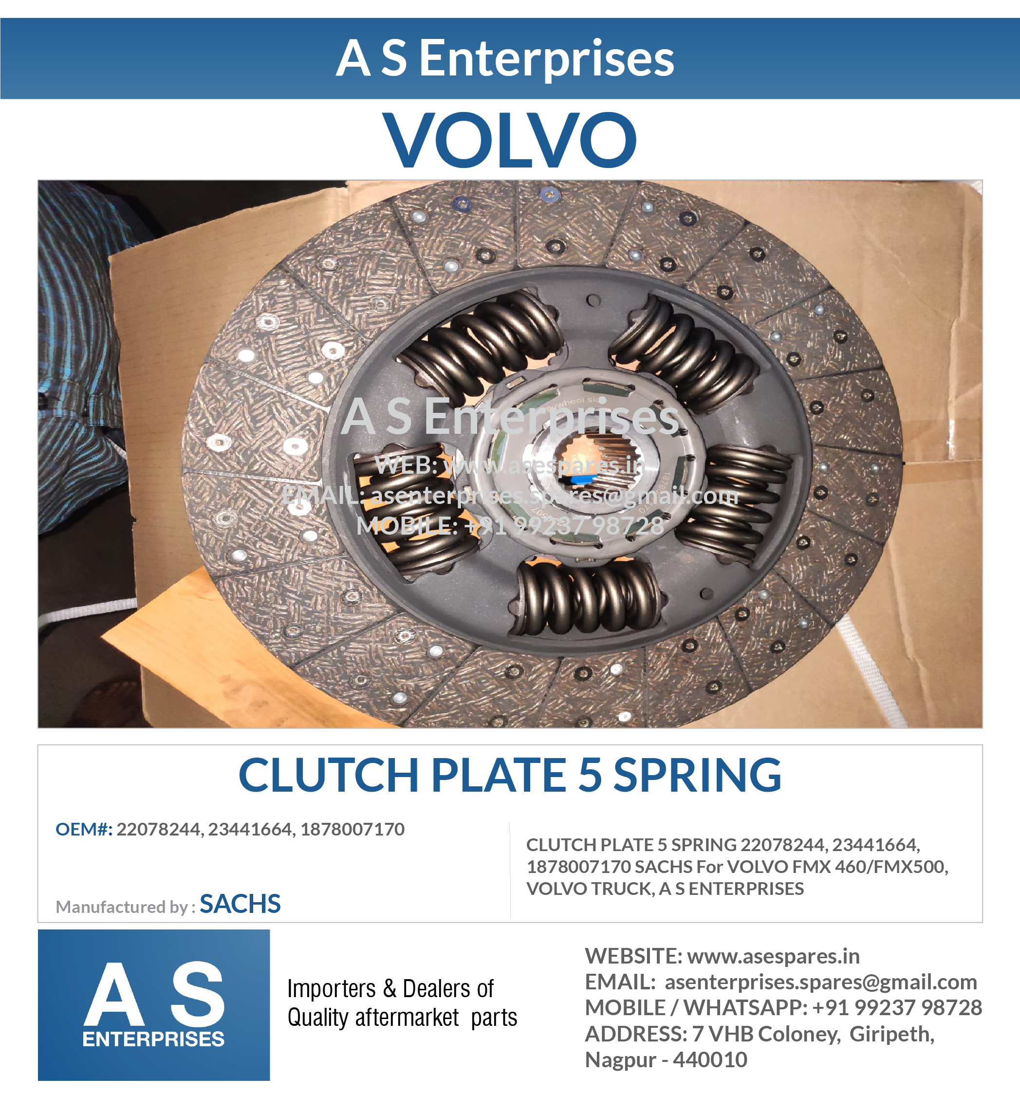 CLUTCH PLATE 5 SPRING 22078244, 23441664, 1878007170 SACHS For VOLVO FMX 460/FMX500, VOLVO TRUCK, A S ENTERPRISES