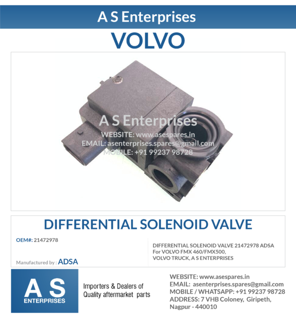 DIFFERENTIAL SOLENOID VALVE 21472978 ADSA For VOLVO FMX 460/FMX500, VOLVO TRUCK, A S ENTERPRISES